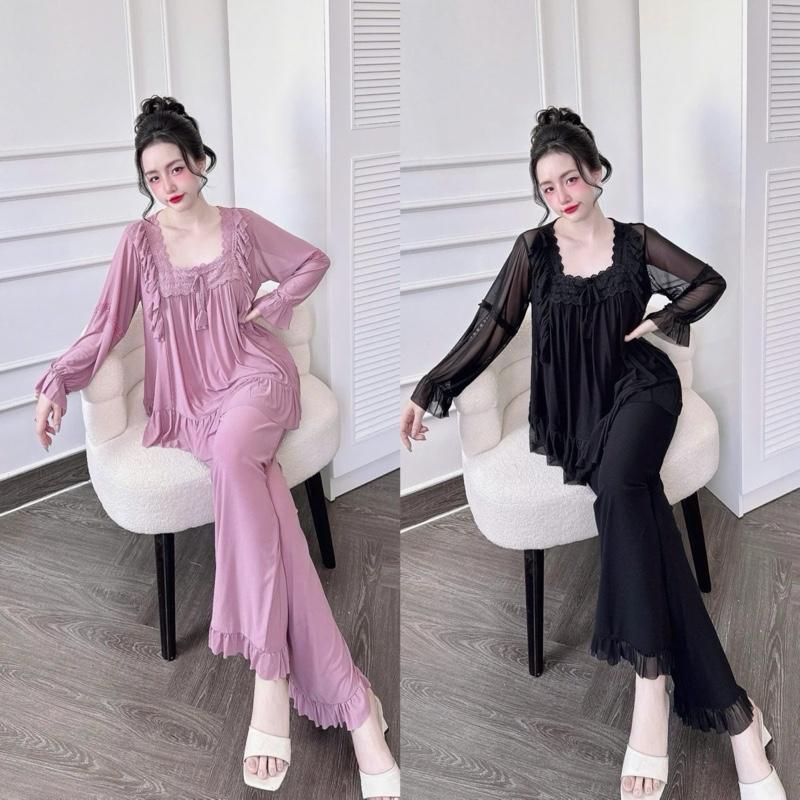 (45-65kg)Set Bộ Tiểu Thư Voan Thun Lưới TDQD Cổ Vuông Phối Ren, Style QC Đồ Ngủ Nữ Mặc Nhà