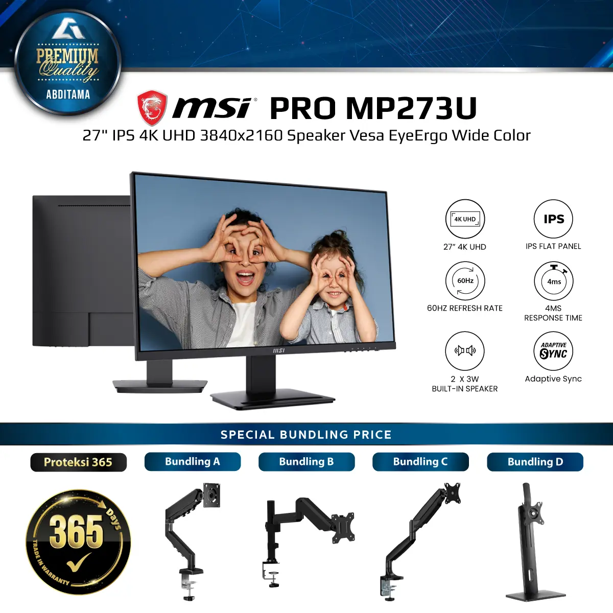 Monitor LED MSI Pro MP273U 27" IPS 4K UHD 3840x2160 HDMI x2 DP x1 Speaker Vesa EyeErgo Anti Flicker Lee Blue Light Eye-Q Check Wide Color Gamut PIP PBP