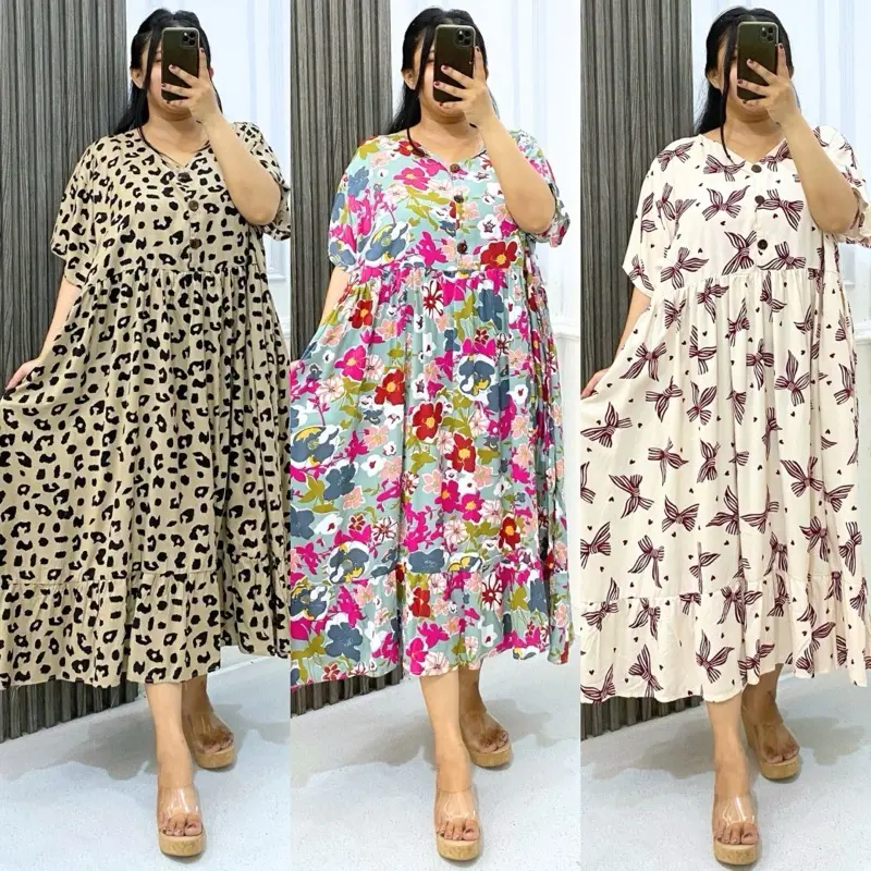 Daster Rayon Jumbo Wanita LD 140cm Lengan Pendek Rample Bawah Busui Able Nyaman Lembut dengan Kancing Aktif di Depan 8