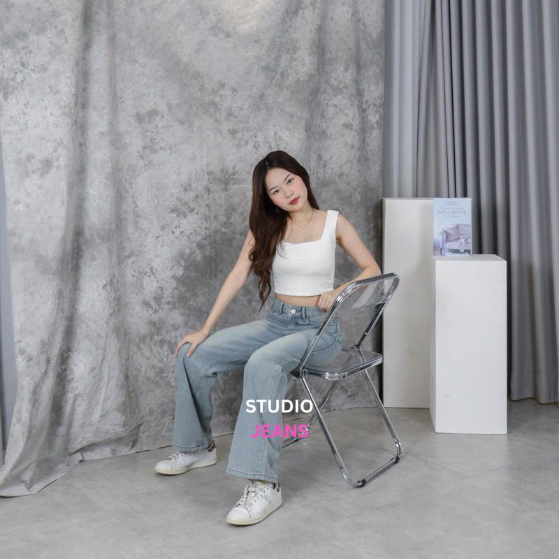 X308 STUDIOJEANS Celana Panjang Wanita High Waist Straight Cut Jeans Demin Cewek Baggy Light Blue Washed Jeans Kekinian 2
