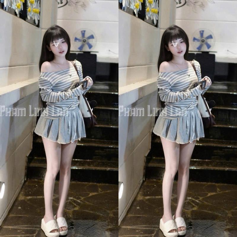 New Sét Áo + Chân Váy áo kẻ dài tay sang chảnh Hot Trend Mix Chân váy xếp ly tôn dáng xinh xắn trẻ trung Đi chơi duyên dáng - Dành Cho Nữ + WOMEN TOP "lisa dress"