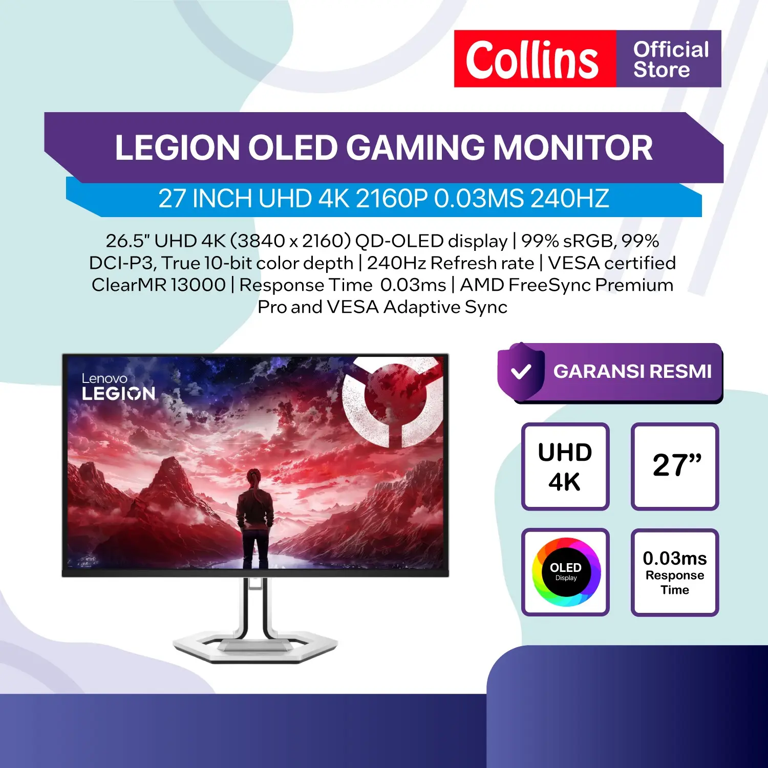 LENOVO LEGION OLED GAMING MONITOR 27 INCH PRO 27UD-10 UHD 4K 2160P 0.03MS 240HZ ERGONOMIC USB-C WHITE 3Y