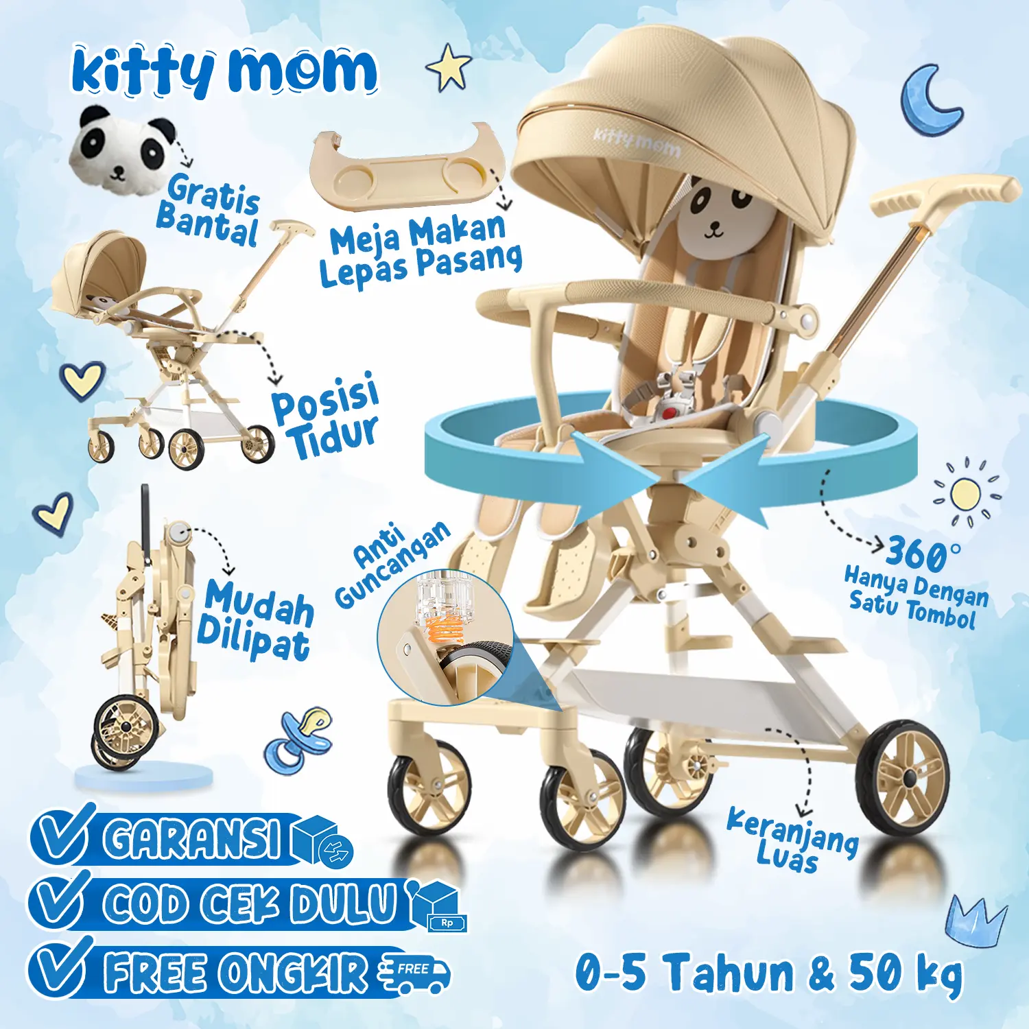Kitty Mom - Stroller Bayi Balita Anak Travelling 2 Arah Newborn Premium Dapat Dilipat dan Berbaring Dorong Cabin