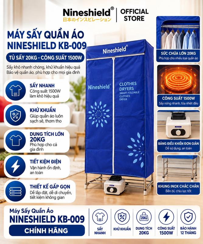 MÁY SẤY QUẦN ÁO NINESHIELD KB-009 - TỦ SẤY 20KG, CÔNG SUẤT 1500W, KHỬ KHUẨN, SẤY NHANH, TIẾT KIỆM ĐIỆN