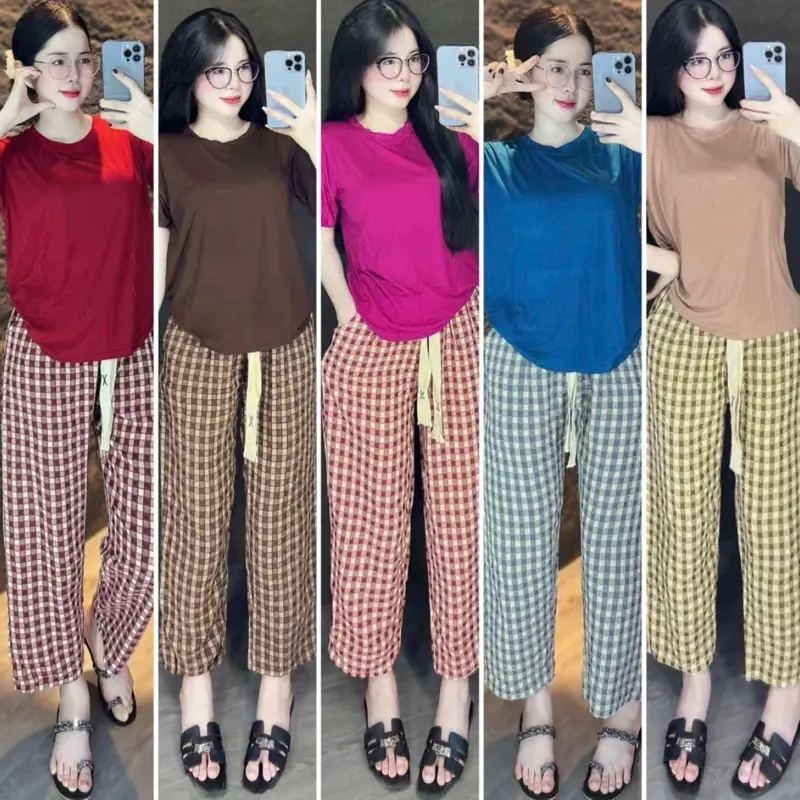 SET BỘ ÁO THUN TRƠN LẠNH DẺO TAY NGẮN PHỐI QUẦN CARO BIGSIZE