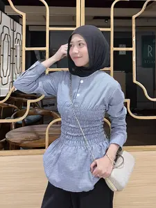 Kemeja Wanita Atasan kerut pinggang karet pinggang kasual formal blouse wanita kotak - kotak | BYSA OFC