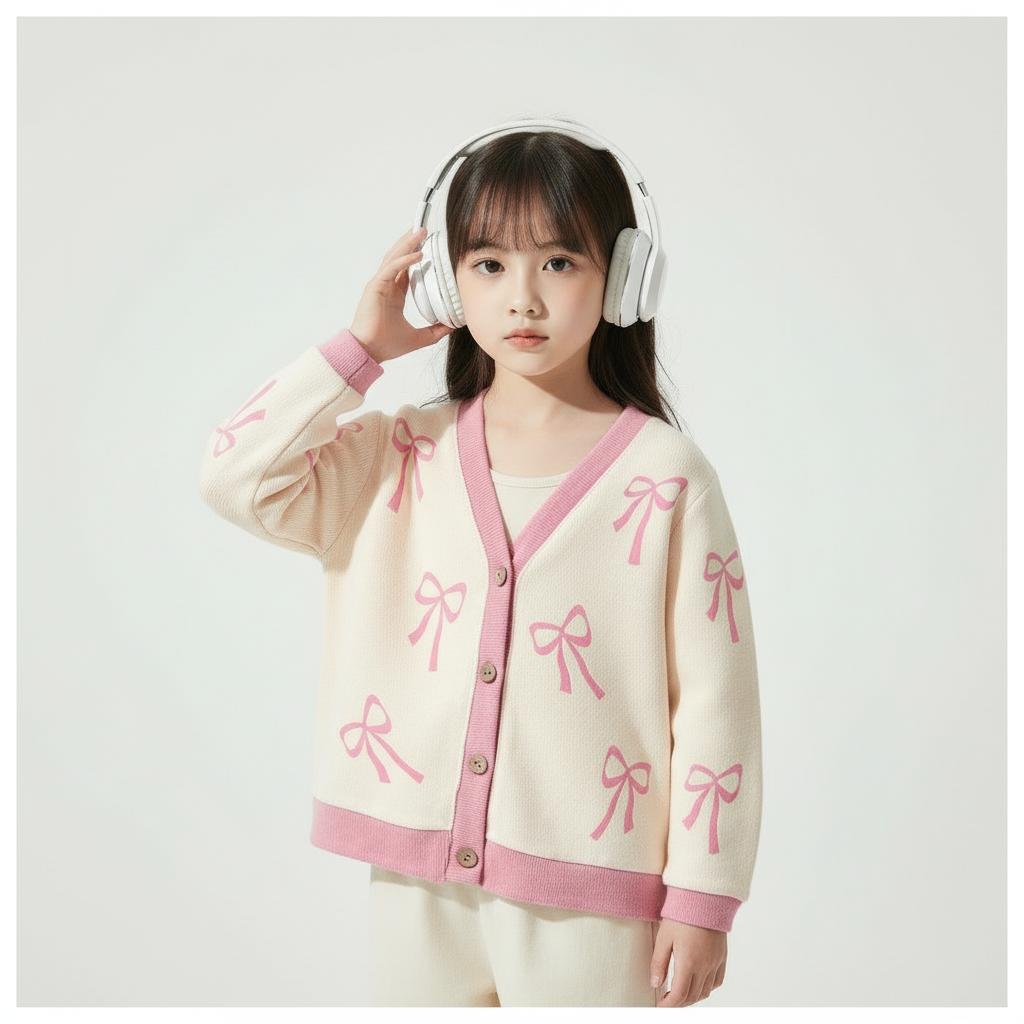CAIFU Jaket Cardigan Pita Cream Anak Perempuan Lengan Panjang Y2K Usia 3-12 Tahun Bahan Lembut Halus Nyaman Adem Variasi Warna Pastel Cantik Fashion