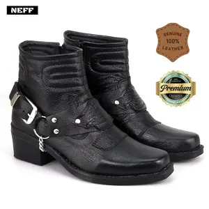NEFF Sepatu Boot Pria Model Cowboy Hitam Bahan Kulit Sapi Asli Anti-Slip Hak Tinggi 5-8cm untuk Touring Motor Traveling Resleting Samping Premium Quality
