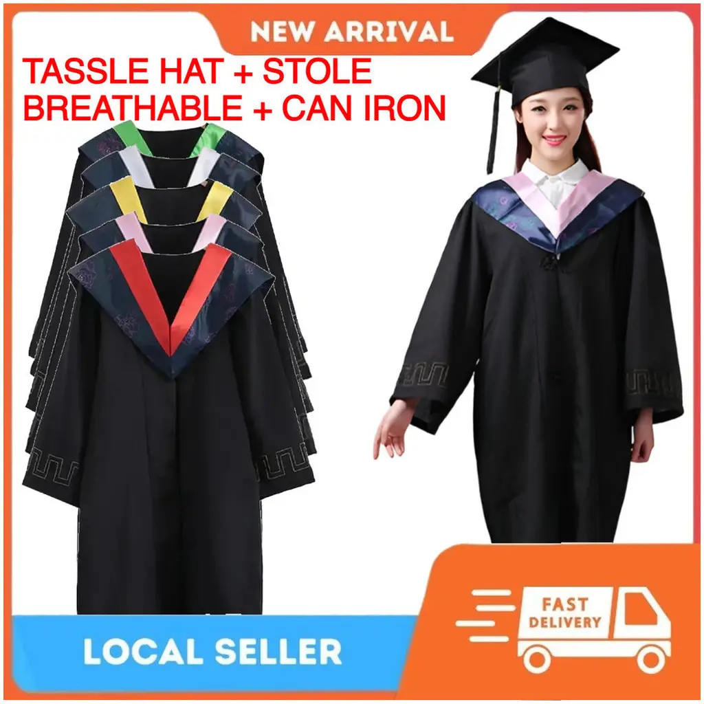 (TASSLE HAT + STOLE) CosplayKing 3 in 1 Set Women Graduation Robe Jubah Graduasi Convocation Gown Jubah Konvokesyen Black Fabric