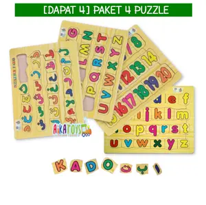 Paket 4 dan 3 Pcs Mini Puzzle Kayu Anak Mainan Edukasi SNI Hijaiyah Huruf Besar Abjad Angka Kapital ABC Alphabet Number Bilangan Math Matematika Hurup Arab Aksara Arabic 21x16 cm