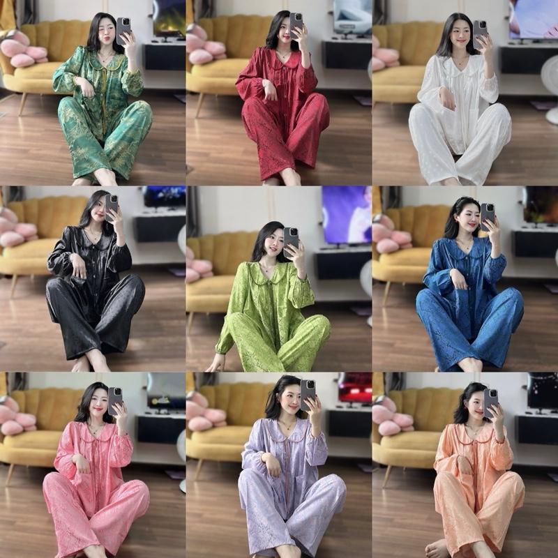 Bộ pijama cổ SEN DÀI tay bo phồng tiểu thư lụa mịn quần có túi Nữ, phom áo babydoll 2 túi áo