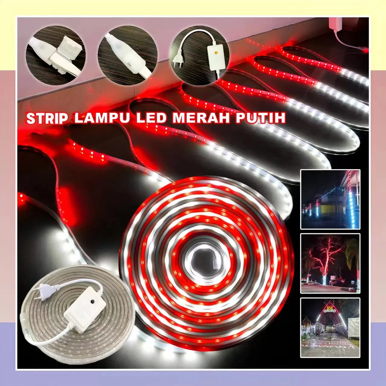 Strip Lampu Hias renovasi rumah dengan warna putih + merah/Bendera Indonesia Merah Putih Lampu Hias/Lampu hias bendara hari nasional/Lampu Hias Hari Nasional Murah/lampu led/lampu/lampu kelap kelip/lampu led stripe/rgb/lampu led stripe  Pvc Running Hiasan