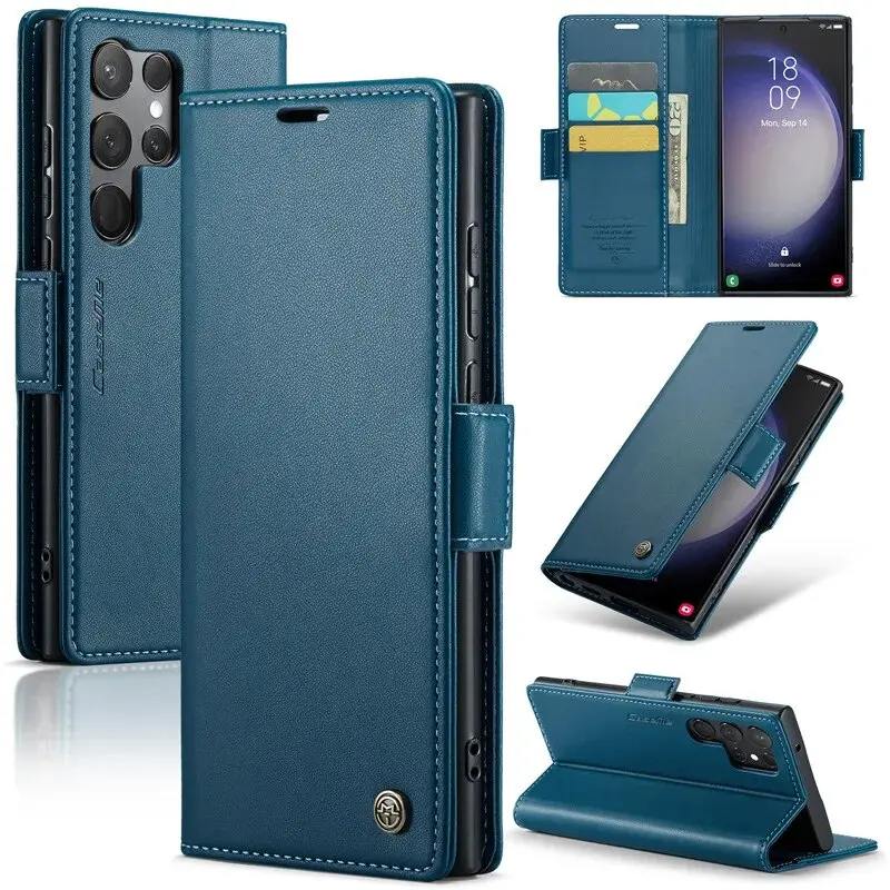 Real Genuine Luxury Magnetic Leather Wallet Card Phone Case for Samsung Galaxy S25 Ultra S24 S23 S22 S21 Ultra S20 FE Plus Note 20 A14 A54 A34 A13 A33 A53 A73 A72 A52 Note 20 Ultra Drop resistant stent Flip Stand Cover Cellphone Smartphone Casing