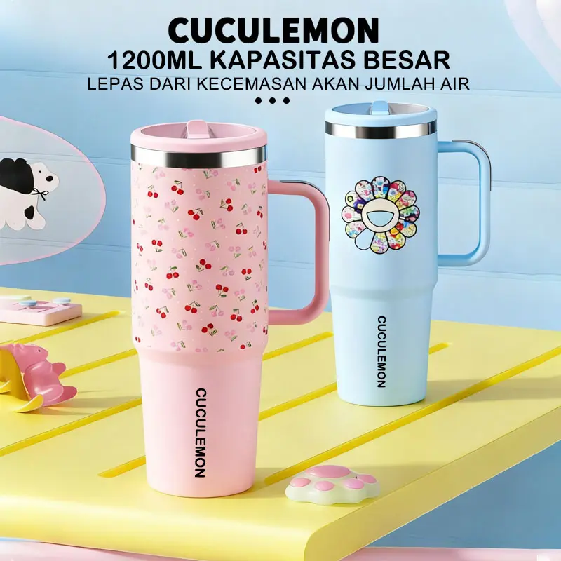 CucuLemon Tumbler Termos Stainless steel 1200ML panas dingin 24 jam DesainKartun Aesthetic Botol Minum