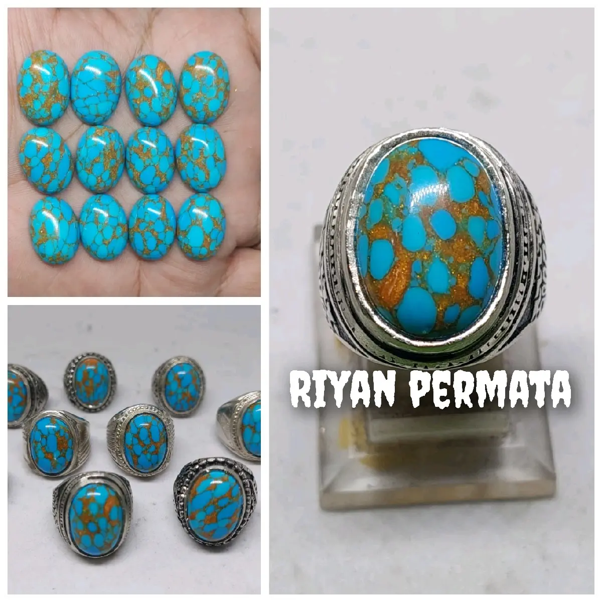 Cincin batu pirus lawasan blue royal ceplok kuro serat emas Ring