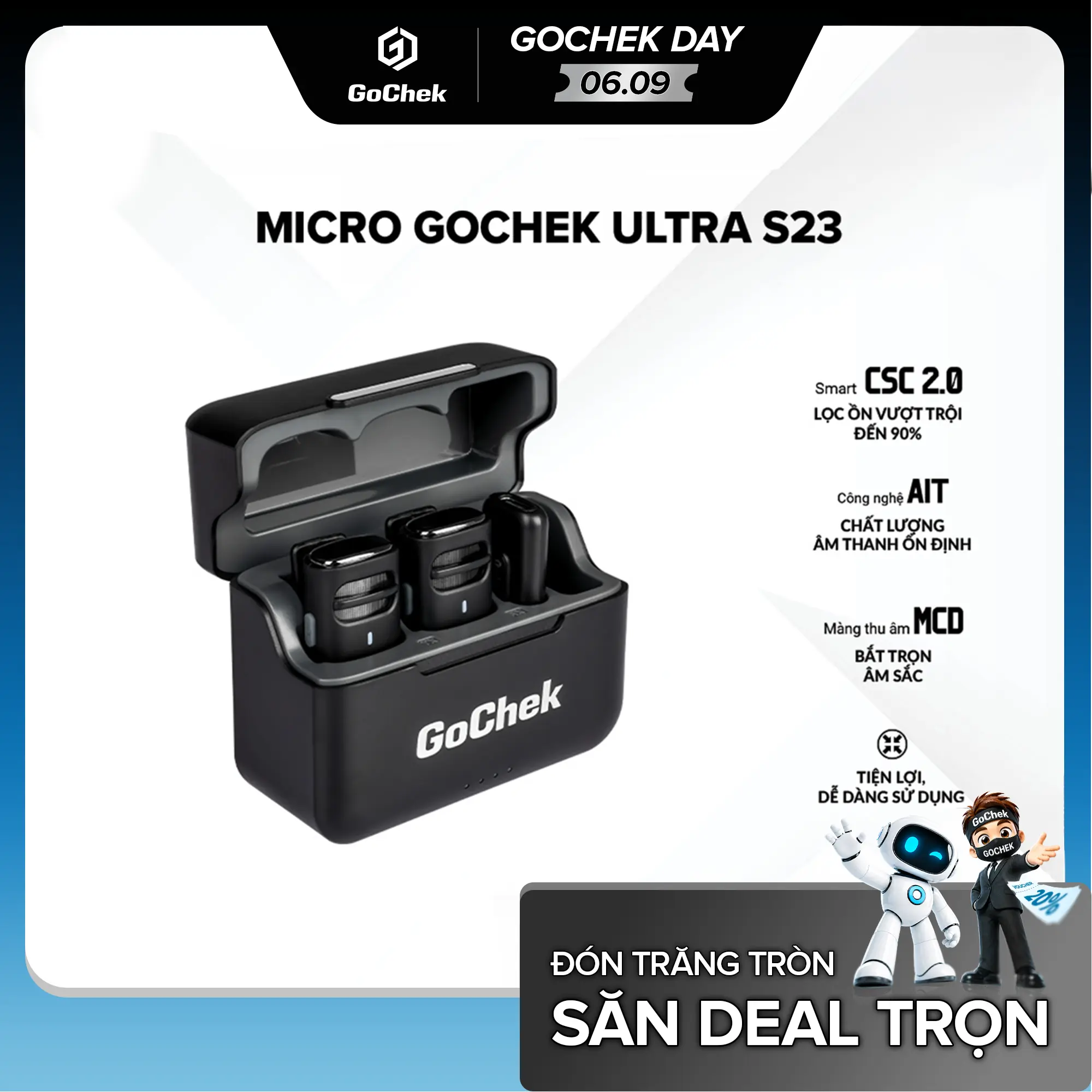 Micro thu âm không dây GoChek S23 CÓ DOCK SẠC | Khử tiếng ồn phù hợp live/ quay video/ ghi âm cho điện thoại/máy tính GC-C/D GoChek S23