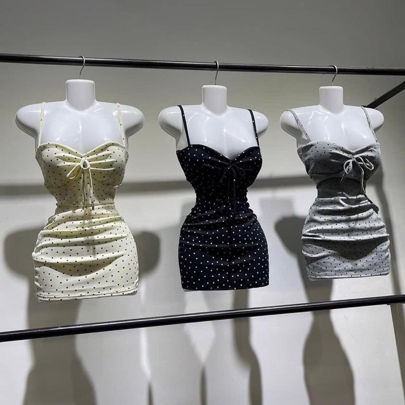 Mã 103 ĐẦM HAI DÂY CHẤM BI ngắn và dài đầm xinh đây váy xinh chất gân