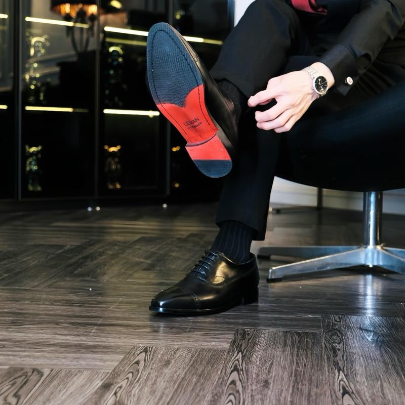 Giày Oxford Captoe Đế Đỏ 3cm Phíp Da Bò Cao Cấp Cho Nam Kiểu Dáng Lịch Lãm, Giầy Oxford Đế Vibram Nam Buộc Dây