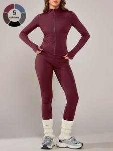 Conjunto deportivo de dos piezas para mujer, chaqueta de manga larga y pantalones ajustados, transpirable para yoga, otoño invierno gimnasio y ropa para correr al aire libre