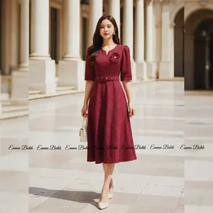Emma.Butik E00673 Gaun Wanita Midi Dress Gereja Jacquard Pesta Formal Maroon Motif Bunga Kondangan A-line