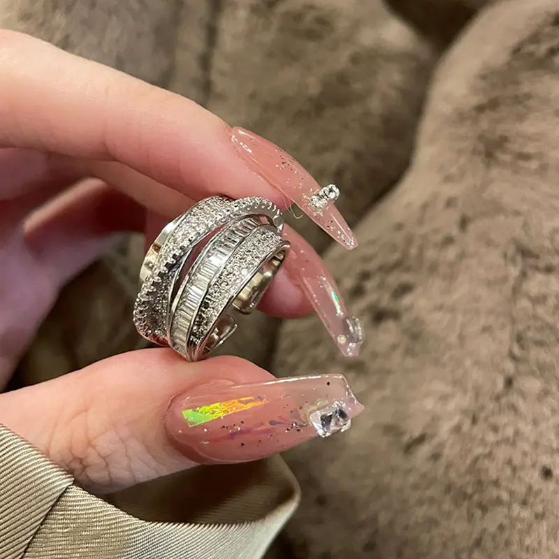 French Light Luxury Style Diamond Set Zircon Ring with Mesh Red Sparkling Multi layer Index Finger Ring Adjustable for Women