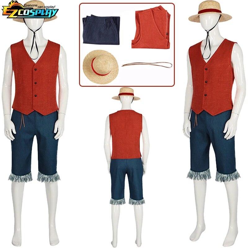 One Piece TV Series 2023 Monkey D. Luffy Vest Pants Hat Outfits Party Carnival Halloween Cosplay Costume 3