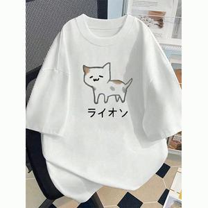 女性用半袖Tシャツ、かわいい子猫プリントクルーネック、ゆったり、コットンカジュアルトップス、クルーネック、ゆったりシルエット、レディースサマープリントTシャツ