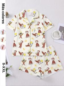 Conjunto de ropa de dormir para mujer con estampado de mono y banana, camisa cómoda de manga corta abotonada y shorts sueltos elásticos, moda casual para casa