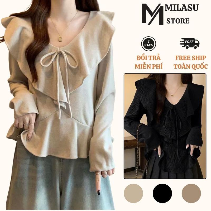 Áo Len Dài Tay Cổ V Viền Bèo Thắt Dây Nơ Milasu Áo Bèo Dáng Rộng Mềm Mịn 480