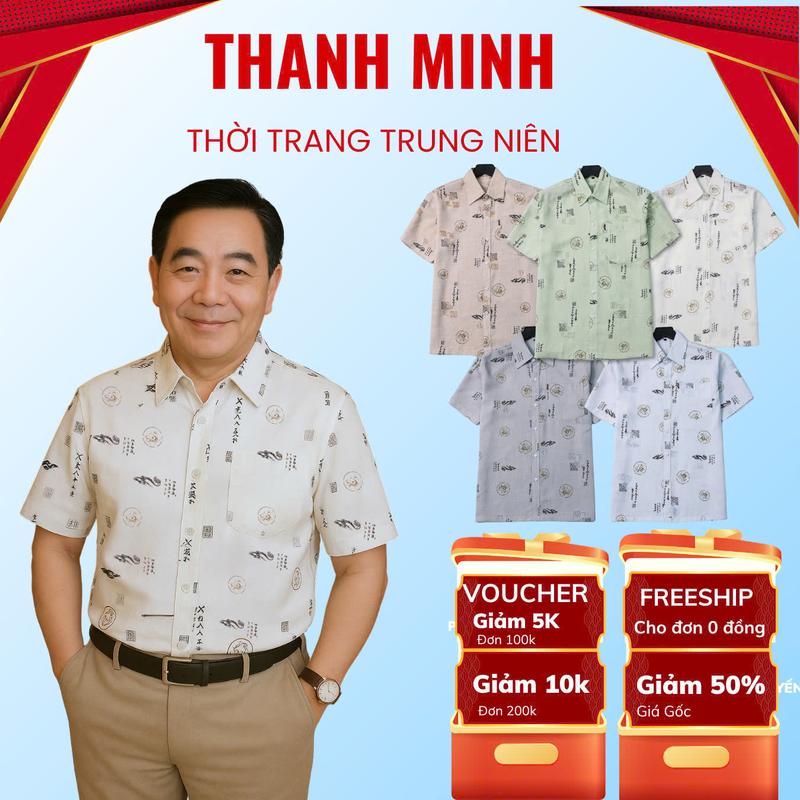 Áo Sơ Mi nam trung niên vải đũi có túi họa tiết IN CHỮ và họa tiết CHIẾC LÁ, mềm mịn, mát, không nhăn.