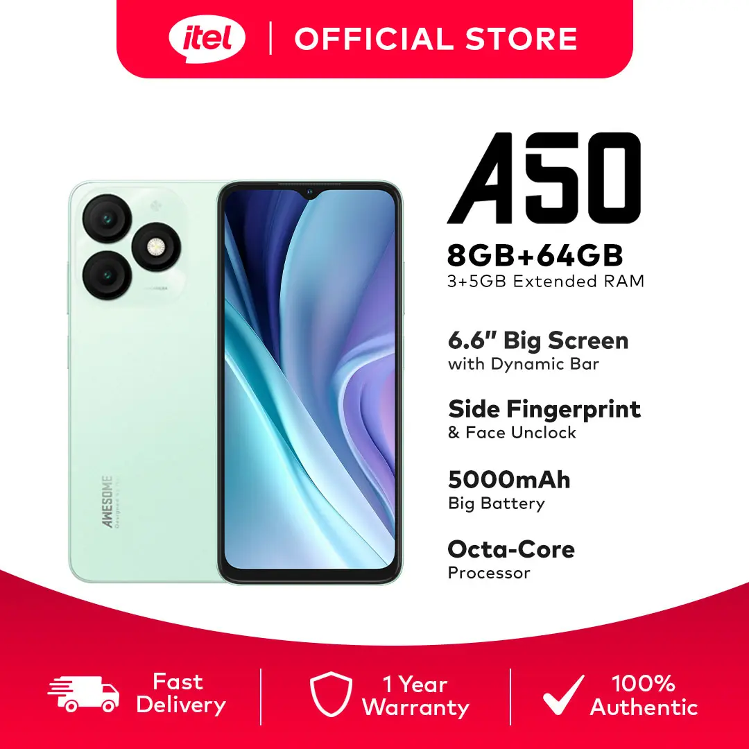 【Topdeal Exclusive】itel A50 RAM 8GB (3GB+5GB)+ROM 64GB | 6.6" Big Screen | 5000mAh Big Battery Support 10W TypeC | AI Camera | Side Fingerprint