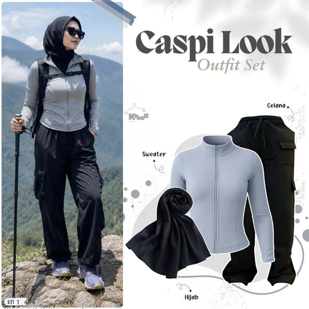Caspi Look Outfit Set 3 in 1 ( Celana Cargo + Sweater + Pashmina ) One Set Hikking Remaja Hijab - KN144