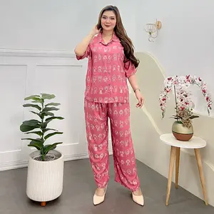 One set Rayon Motif Kekinian Setelan Piyama Baham Adem Busui Kancing Wanita