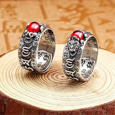 Cincin Mantra Mata Merah / Cincin Ukiran Mantra Batu Merah Ukuran Bisa Disesuaikan / Red Stone Heart Sutra Six Character Mantra Pixiu Ring / Cin Cin Sutra Hati Om Mani Padme Hum Prayer Adjustable Ring / Cincin Mantra Buddha Tibet Pria PREMIUM Rings