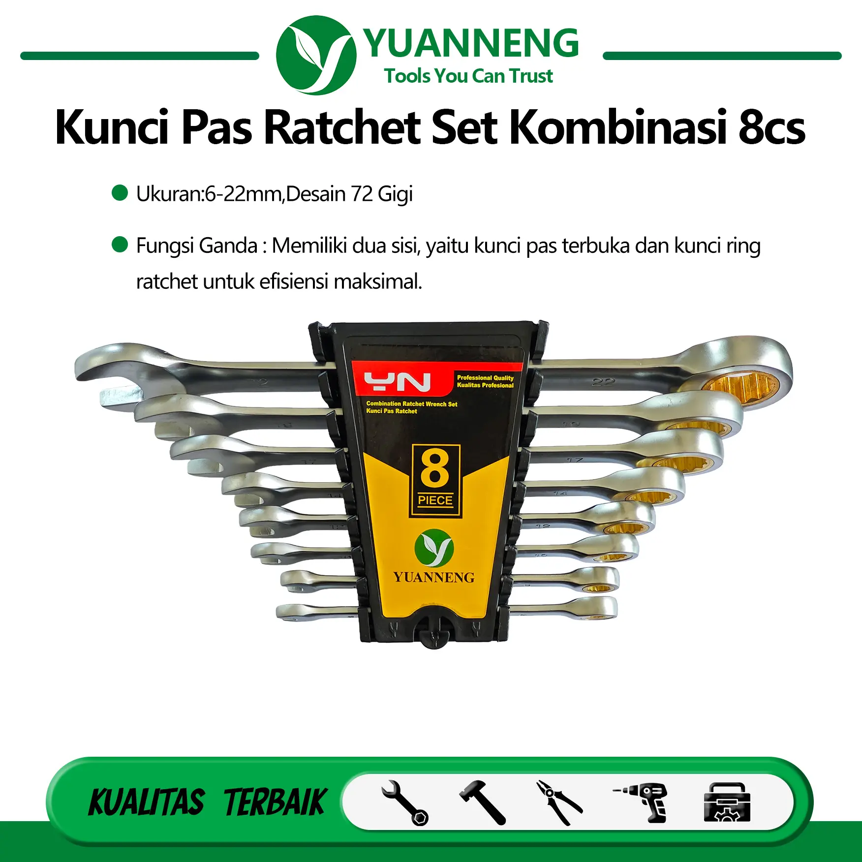 Yuanneng Kunci Pas Ratchet Set Kombinasi 72 Gigi 8pcs 8-22mm Bahan 45# Baja Karbon Kuat untuk Perawatan Mobil & Mesin
