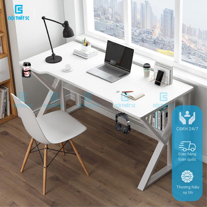 Bàn gaming, bàn làm việc Nội Thất 5C-Model 1 Ethan pro có kệ lửng kèm phụ kiện giá đựng cốc và giá treo tai nghe chân sắt 20x40mm, mặt gỗ MDF dày 15mm kèm 2 lỗ đi dây điện tiện lợi
