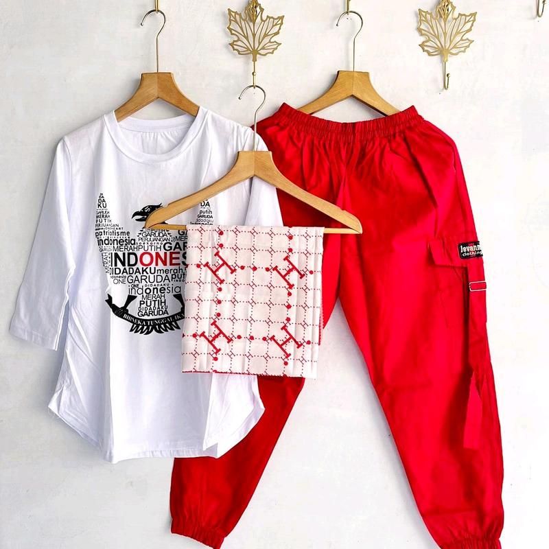 Setelan Jogger Cigaret JVN Kaos Combed Merah Putih + Hijab Voal Segi Empat Voal  Katun Nyaman 2