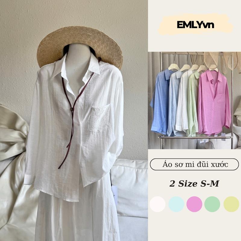 EMLYvn - Áo Sơ Mi Kiểu Nữ Vải Đũi Xước Mềm Mịn Ít Nhăn Fom Rộng, Áo Sơ Mi Đũi Nữ Màu Pastel Hàn Quốc