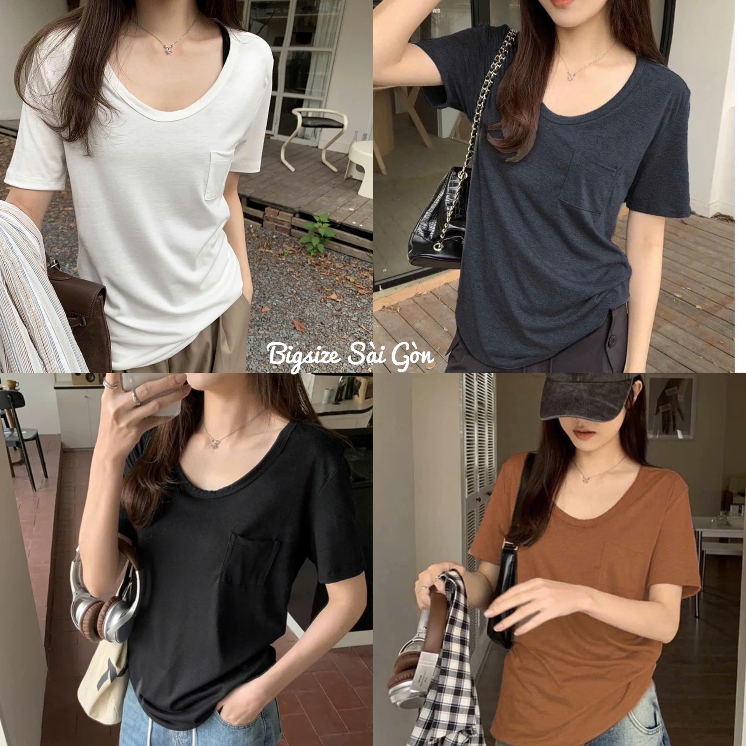 Áo Thun Nữ Form Rộng Phối Cổ Tròn Phối Túi Vải Cotton Thái 45- 90Kg Bigsize Dễ Thương Top Nữ Women - B.1541
