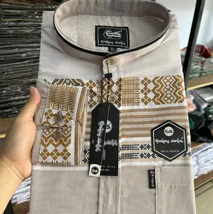 Galery Santri Baju Kemko Kemeja Koko Muslim Pria Motif Songket Lengan Panjang Slimfit Kerah Sanghai Model Terbaru Bahan Katun Madina Premium