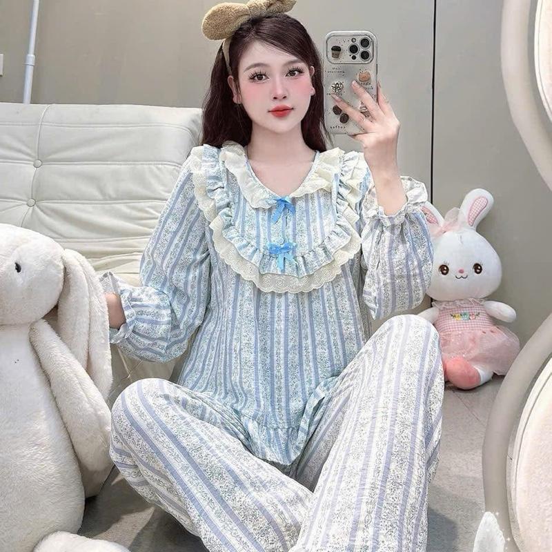 Bộ dài đũi mềm mát cổ tròn yếm ren 2 nơ ngực 40-60kg 7