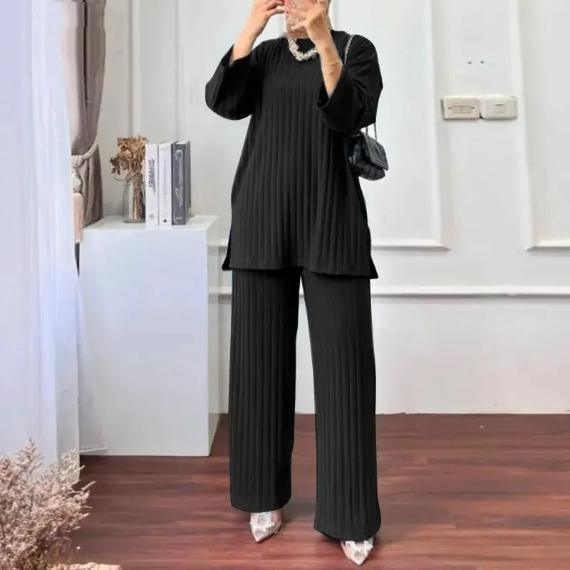Muslim women's fashion spring and autumn long sleeved pants set loose wide leg pants comfortable two-piece set