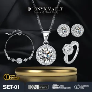 OnyxVault- [SET-01] Silver Sphere Radiance Collection, Kalung Wanita Platinum Permata Diamond untuk Model Couple Serasi Jewelry