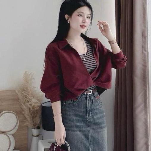 ÁO SƠ MI CHẤT DA LỘN Tay Dài Xoắn Vạt Mix Áo Thun 2 Dây Kẻ - Hân Linh shop