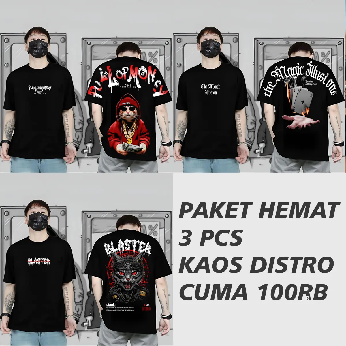 Paket Hemat 3pcs Baju Distro Cuma 100rb Terbaru Kaos Lengan Pendek Atasan Motif Gambar Keren Bahan Katun Combed 30s Bisa Cod High Hitam Basic Sablon
