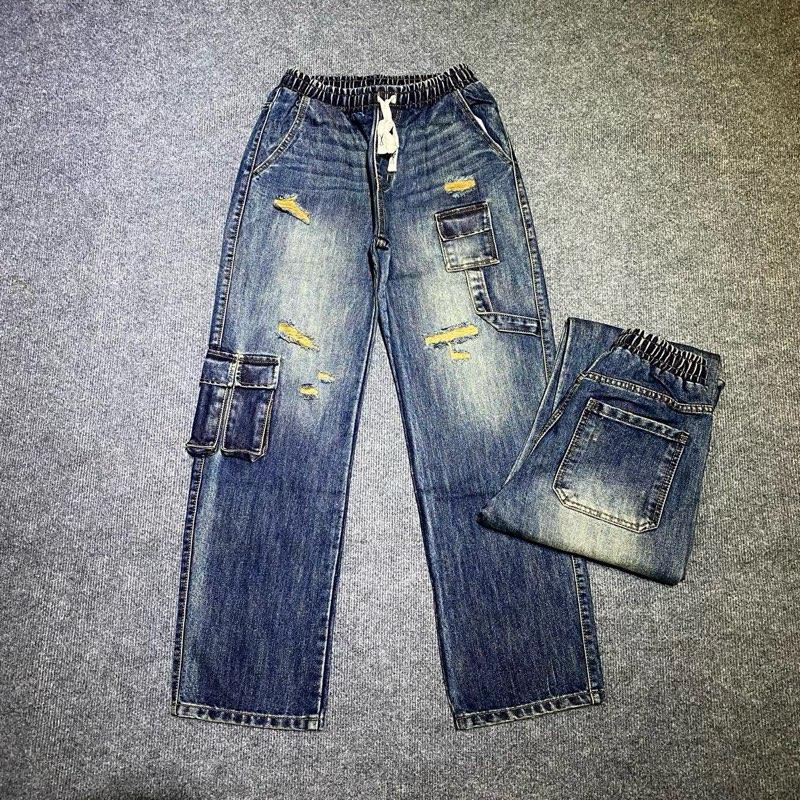  Quần suông nam túi hộp cạp chun màu xanh rách hàng xịn chất dày dặn ống 18-22 