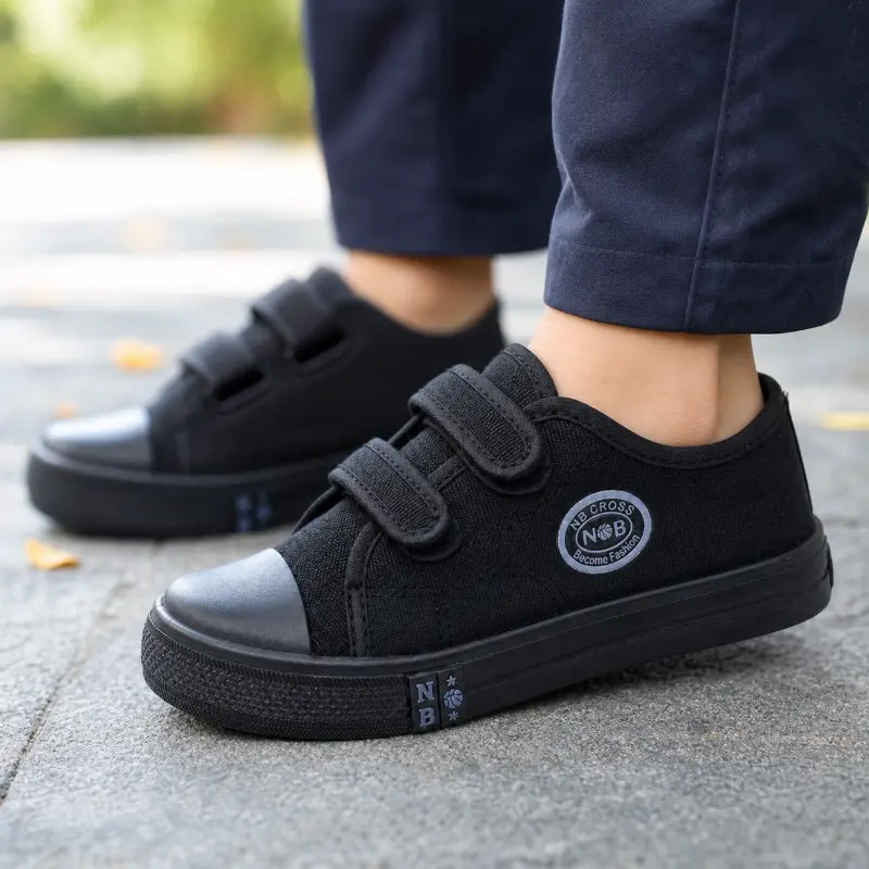 Sepatu Sekolah Anak Model Canvas Perekat Mudah Dipakai Sol Bertekstur Hitam Size 29-38 untuk Harian SD SMP Fashion