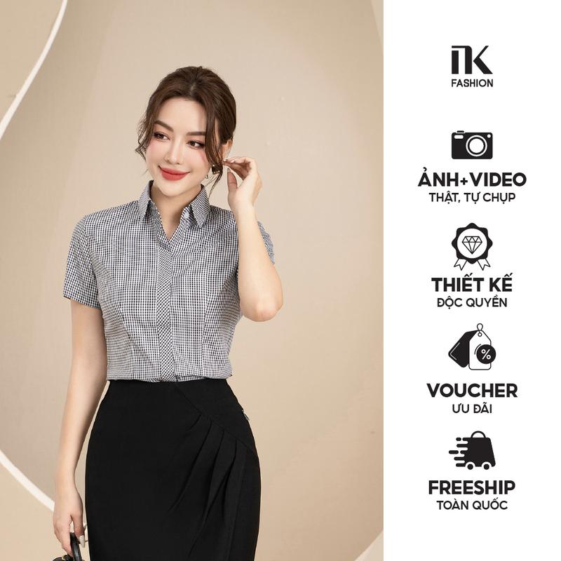 Áo Sơ Mi Nữ Công Sở NK Fashion Thiết Kế Họa Caro Đẹp Ngắn Tay Vải Hàn Cao Cấp Không Nhăn Nhàu  NKSM2012010 Top Cổ Tròn