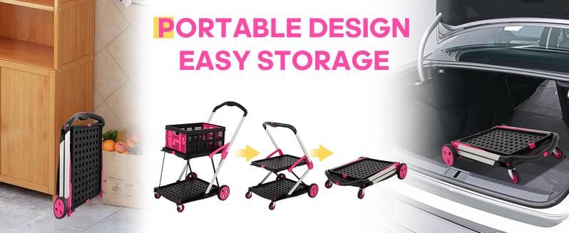 Product Introduction of Foldable Utility Cart with Wheels,2 Layers Multifunctional Folding Cart for Cosmetic Organizer,Grocery,Office,Warehouse,Garden, Double Layers Foldable Shopping Cart,Folding Trolley for Luggage Heavy Duty(Blue/RED/PINK/Purple) 2