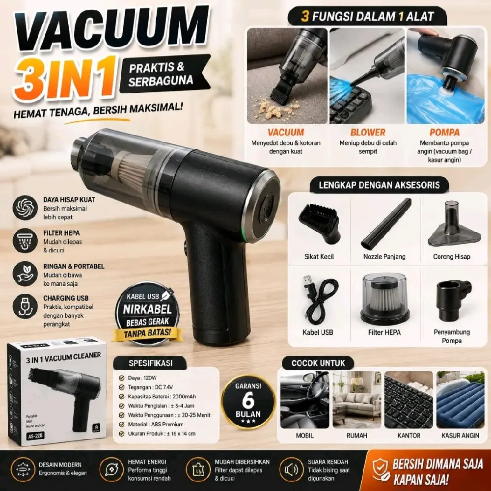 ALAT VACUM 2IN1 CLEANER / PENYEDOT DEBU WIRELESS PORTABLE MINI - VAKUUM PENGHISAP DEBU MOBIL MEJA, RUMAH DAPAT DICAS / VACUUM CLEANER 2IN1 VACUUM CLEANER SERBAGUNA